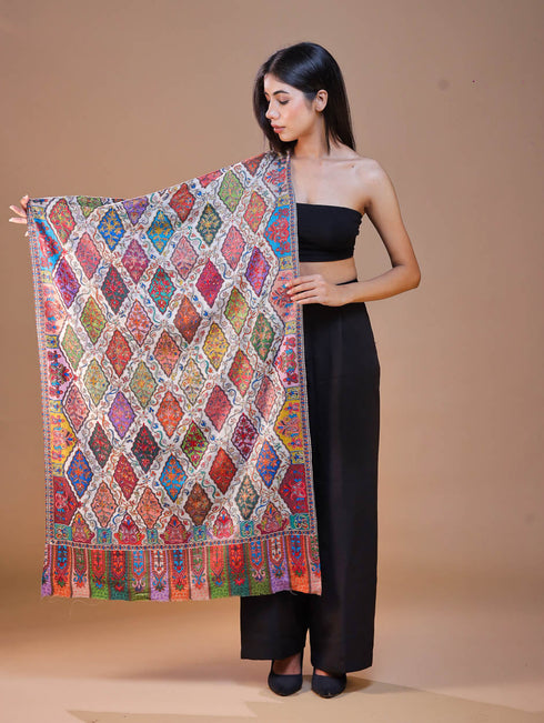 Women's Pure Wool Faux Pashmina Kalamkari Printed Embroidery Stole